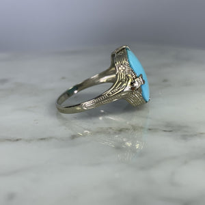 Vintage Turquoise Art Nouveau Ring. 14K White Gold. Circa 1920s. December Birthstone. - Scotch Street Vintage