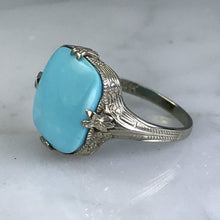 Load image into Gallery viewer, Vintage Turquoise Art Nouveau Ring. 14K White Gold. Circa 1920s. December Birthstone. - Scotch Street Vintage
