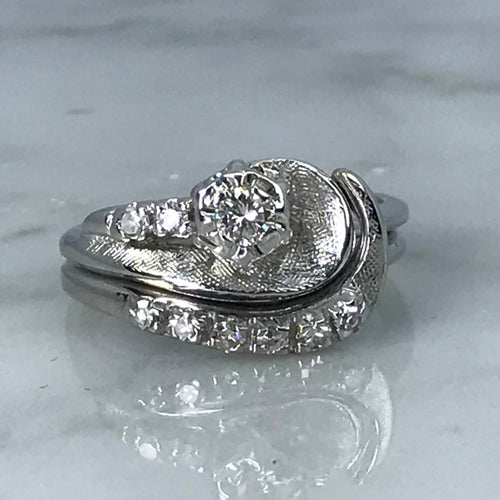 Vintage Wedding Ring Set. Diamond Engagement Ring. Diamond Wedding Band. 0.74 Carats. 14K White Gold Setting. Estate Jewelry. Bridal Set - Scotch Street Vintage