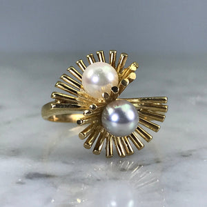 Vintage White and Black Modernist Ring by Skalet Jewelry. 14K Yellow Gold. June Birthstone. - Scotch Street Vintage