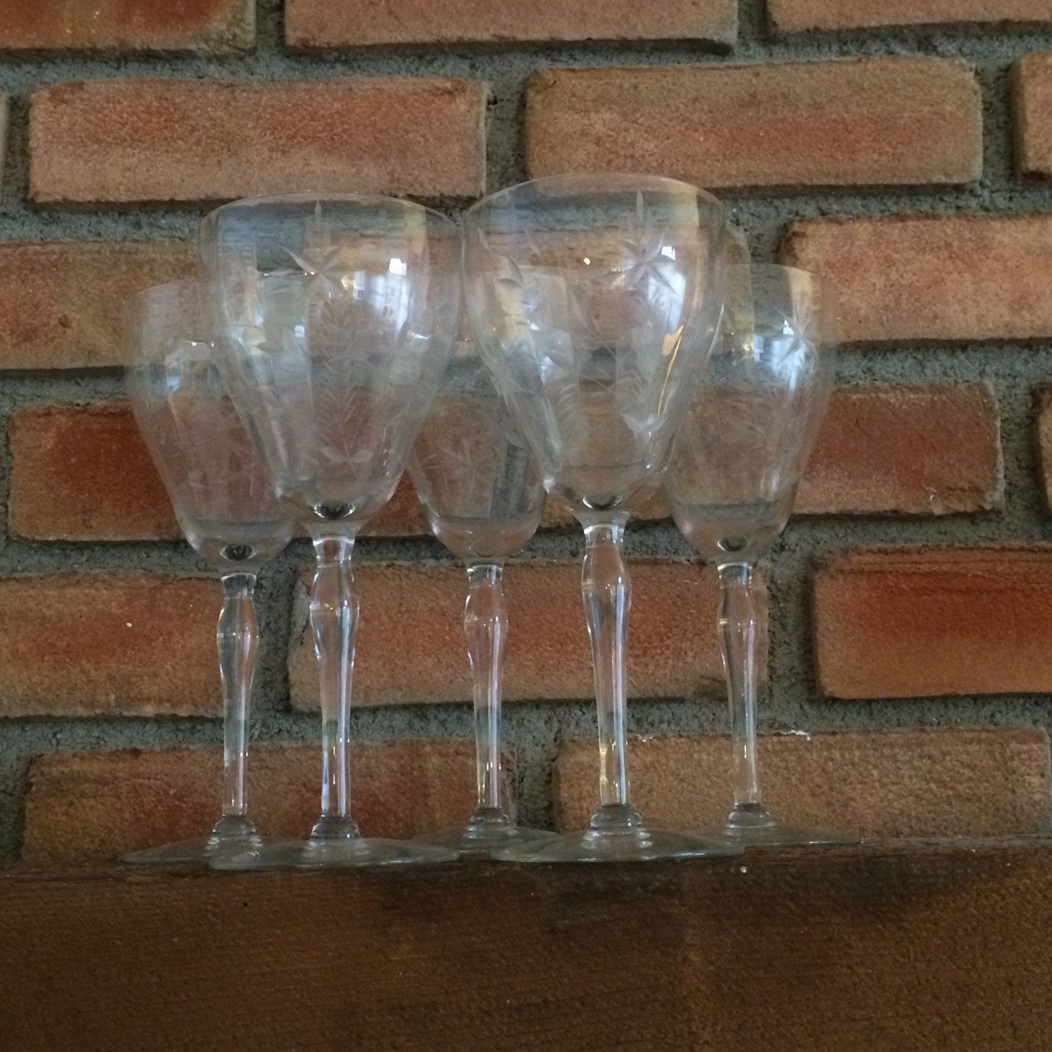 5 Vintage Etched Tall Wine Glasses ~ Water Goblets, 1950's Etched Wine  Glasses