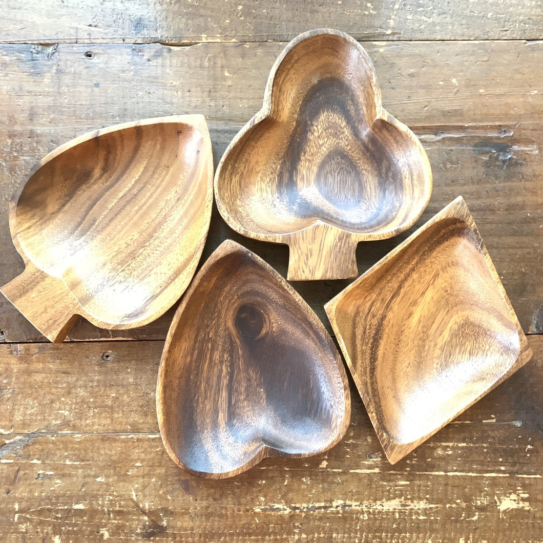 Vintage Wood Bowls in Card Suit Shapes of Hearts, Diamonds, Spades, & Clubs. Perfect for a Card Party! - Scotch Street Vintage
