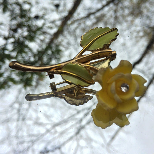 Vintage Yellow Flower Brooch. Gold Tone Pin with Hand Painted Yellow Petals and Green Enamel Leaves. Flower Pin. Accessories. Flower Gift. - Scotch Street Vintage